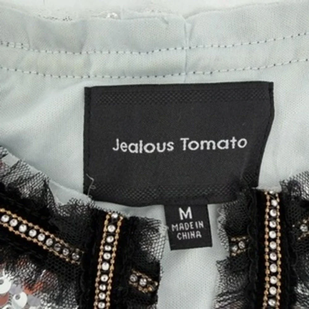 Jealous Tomato Silver Sequin Jacket Womens‎ Medium Rhinestone Trim Open Front